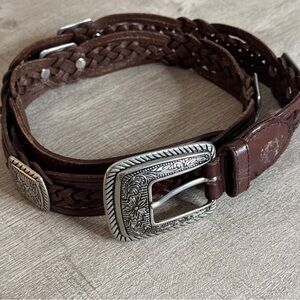 Vintage Concho Women’s Western Brown Braided Silver Buckle Belt Leather Size XL